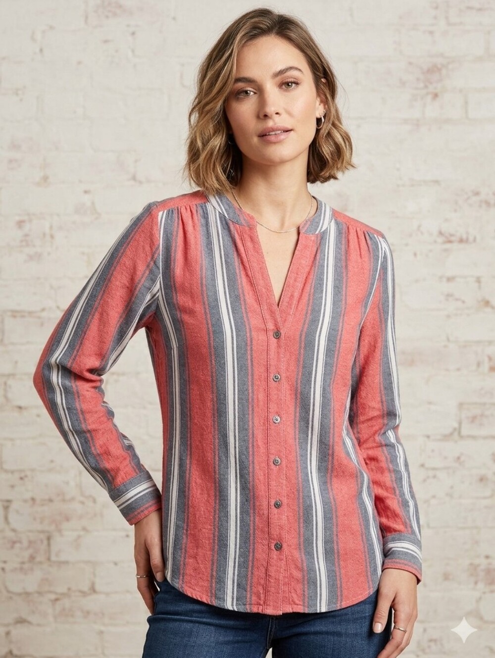 DayTrip Shirt Long Sleeve Button Down Red/White/Blue Size XS